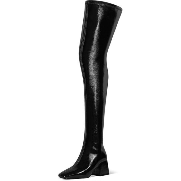 Women Black Polyurethane Over the Knee Square Toe Block Heel Long Zipper Boots